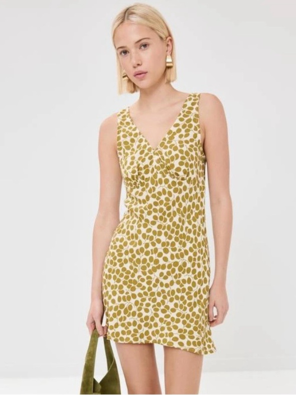 Reformation Calix Dress Size Medium Olive Green V Neck Mini Dress